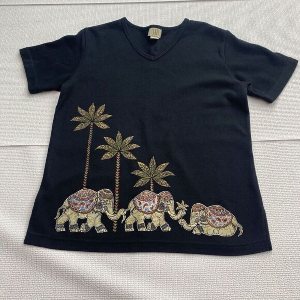 Teddi Women's Medium Elephant Palm Safari African Pleated‎ Short Sleeve Top - Picture 2 of 7